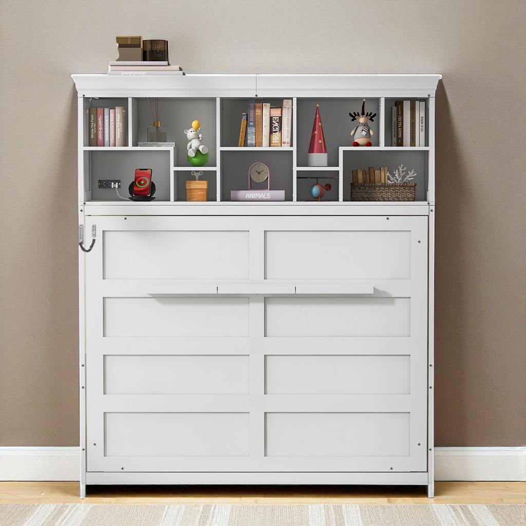 Queen Size Murphy Wall Bed with Storage Shelves and USB Ports, Foldable Cabinet Design