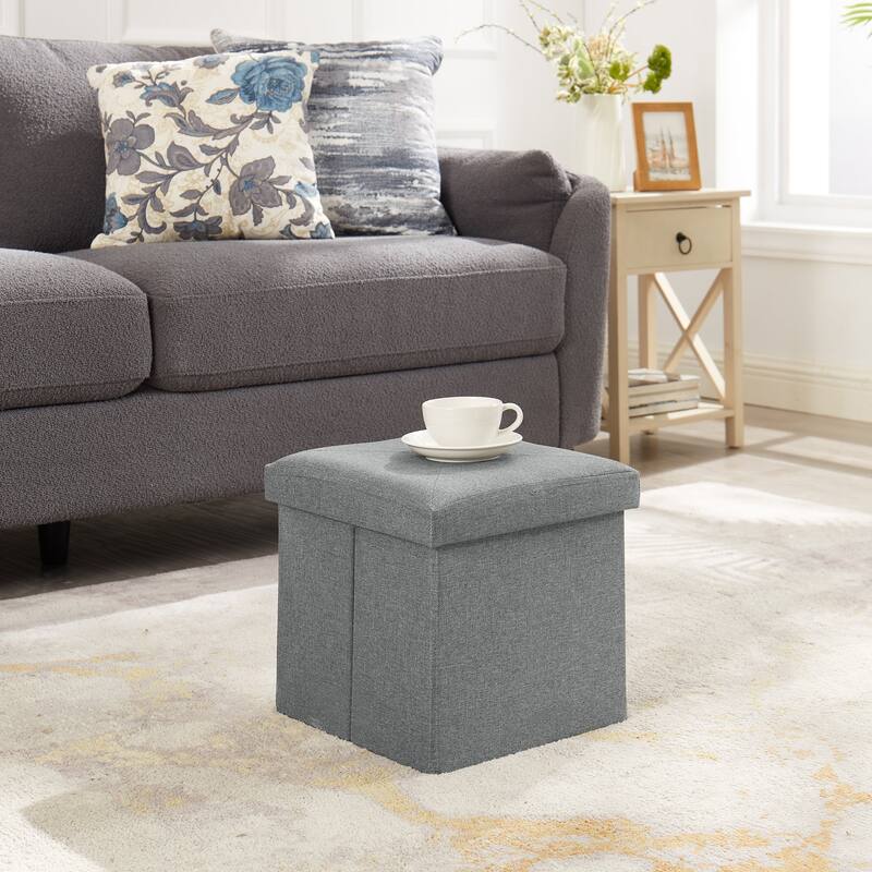 Javlergo 15" Foldable Storage Ottoman, Tufted Linen Foot Rest Stool/Seat Toy Chest