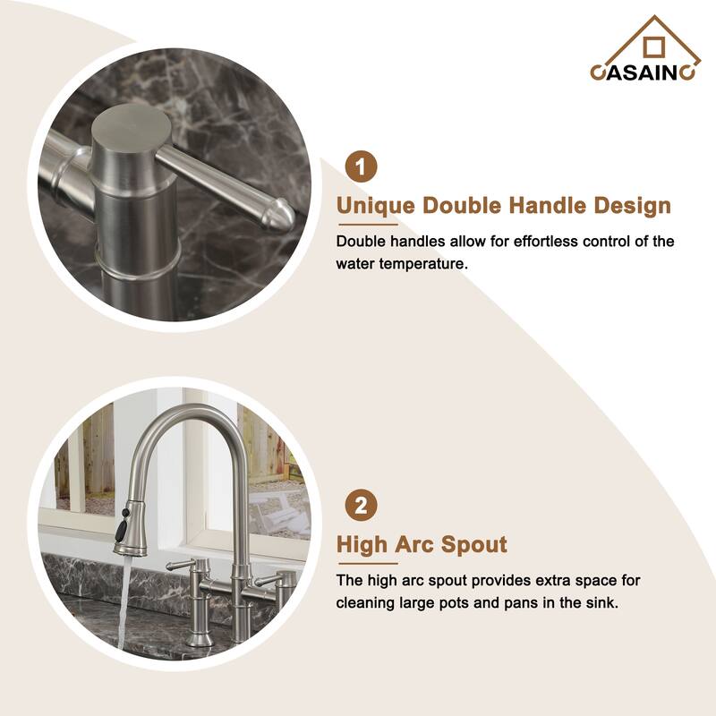 Double Handle Bridge Kitchen Faucet with 3-Function Pull-Down Spray Head