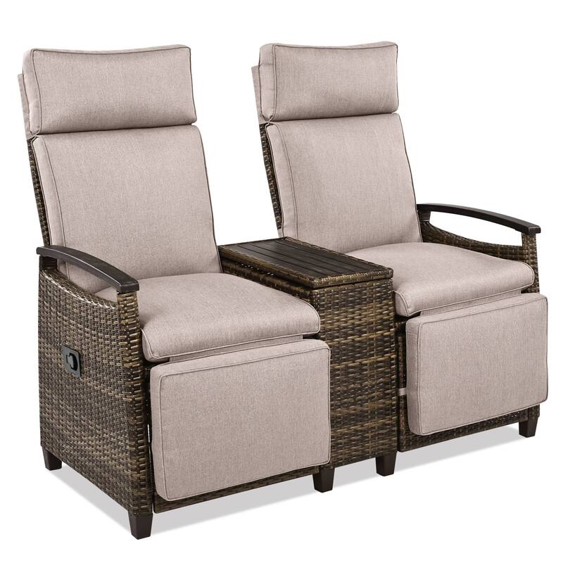 Patio Recliner Loveseat Chair with Adjustable Backrest and Storage Table