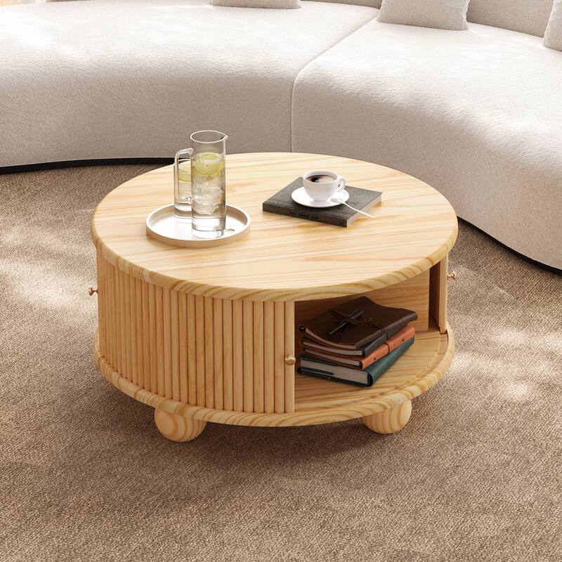 Round Coffee Table with Storage, 31.8" Modern Coffee Table with Sliding Door & Solid Wood Legs, Minimalist Center Table
