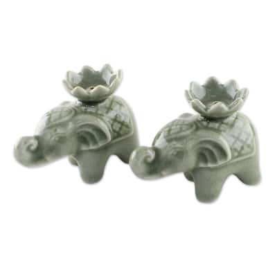 Novica Handmade Lotus Elephant Celadon Ceramic Incense Holders (Pair)