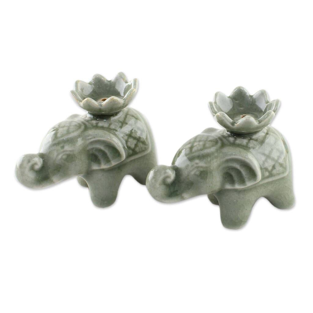Novica Handmade Lotus Elephant Celadon Ceramic Incense Holders (Pair)