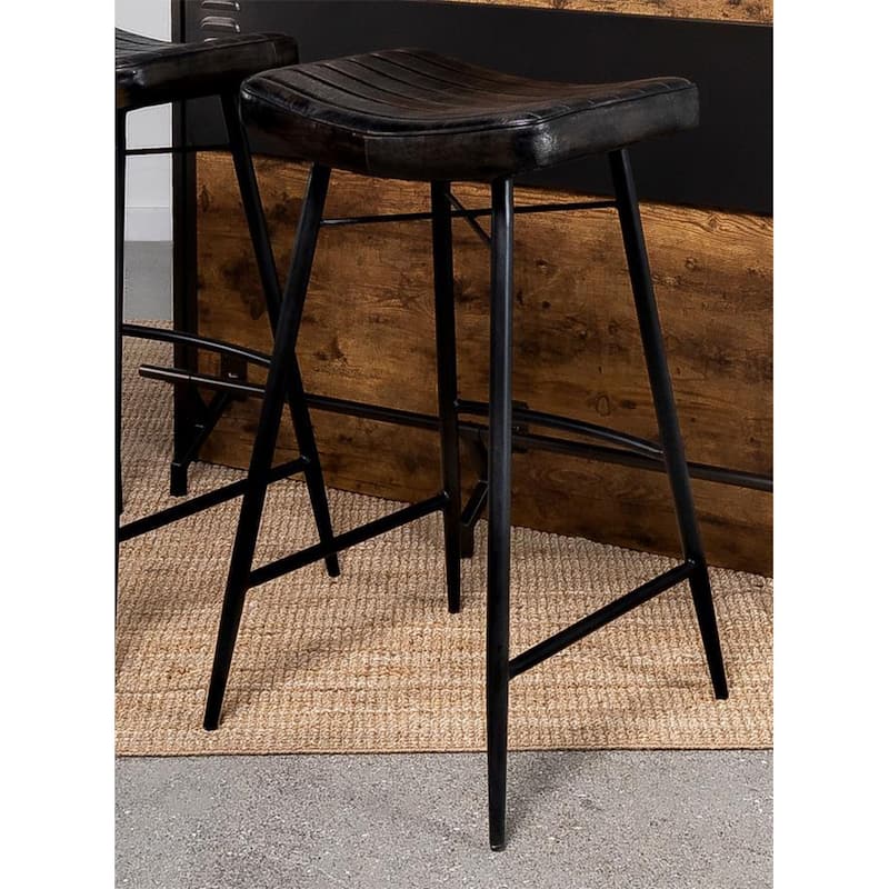 Set of 2 Leather Upholstered Saddle Seat Bar Stools