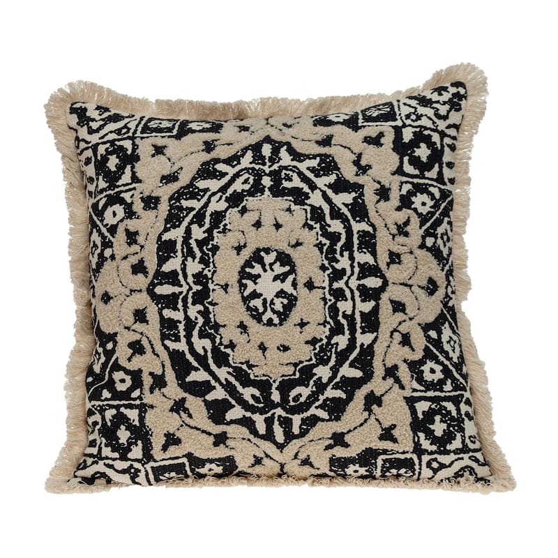 HomeRoots 18" Beige And Brown Geometric Cotton Blend Throw Pillow with Fringes And Texture - Black
