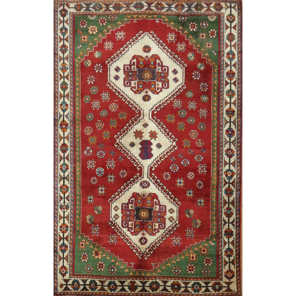 Hand Knotted Oriental 100% Wool Carpet Traditional Tribal Red Shiraz Area Rug - 8' 1'' X 5' 2''