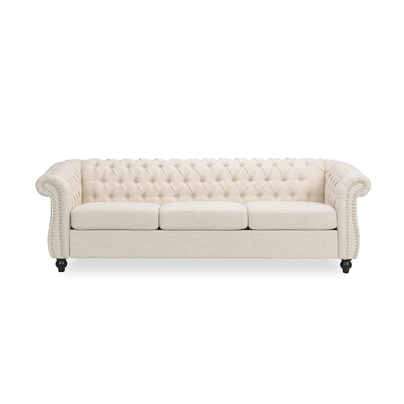 Nisy 3 Seater Sofa, Chesterfield Beige Fabric Tufted Back, 85 Inch