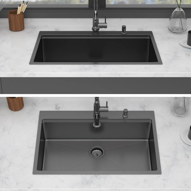 36" Drop-in Workstation Gunmetal Black Kitchen Sink with Pull-out Faucet and Soap Dispenser - Single Bowl 16 Gauge
