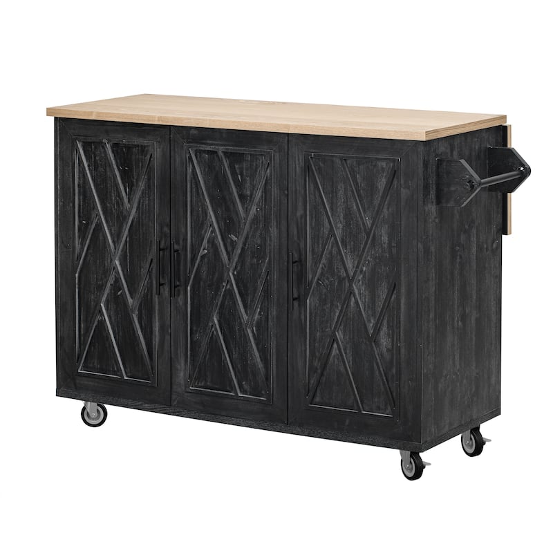 Kitchen Island on Wheels 51.2"W Geometric Twill Stripe Textured Kitchen Island with Drop Leaf Multifunctional Storage Cart