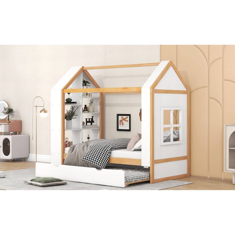 Twin Size House Pine Bunk Bed w/ Storage Shelves & Twin Size Trundle