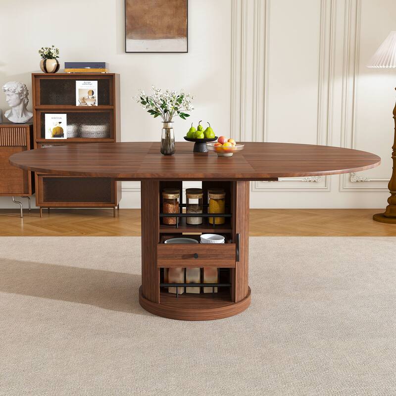 Anmytek Extendable Round Dining Table with Hidden Storage Walnut Pedestal Kitchen Table - Walnut