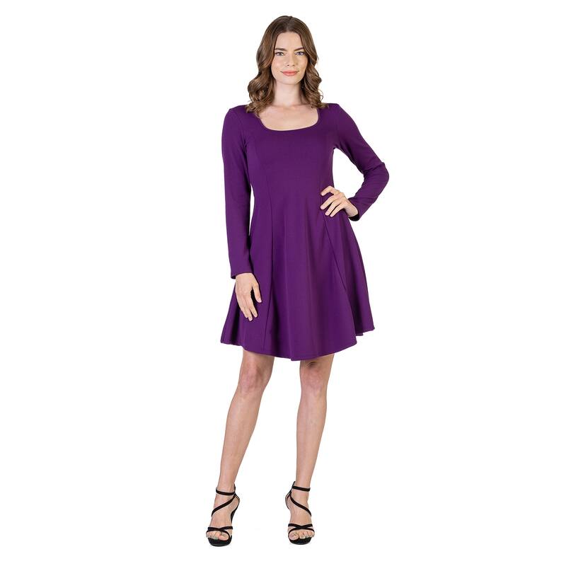 24seven Comfort Apparel Womens Long Sleeve Knee Length Skater Dress - Purple - S