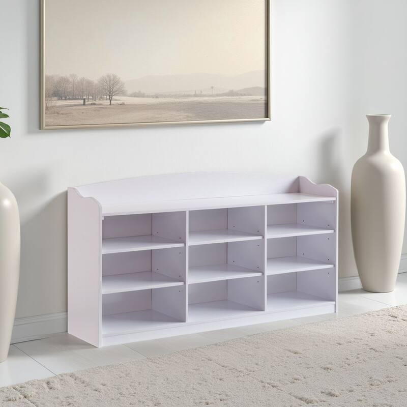 Hale Shoe Bench, 48 Inch Top, 9 Open Compartments, Modern White Finish