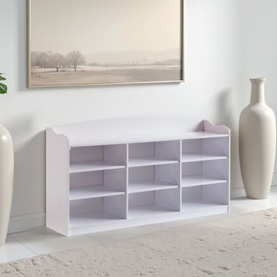 Hale Shoe Bench, 48 Inch Top, 9 Open Compartments, Modern White Finish