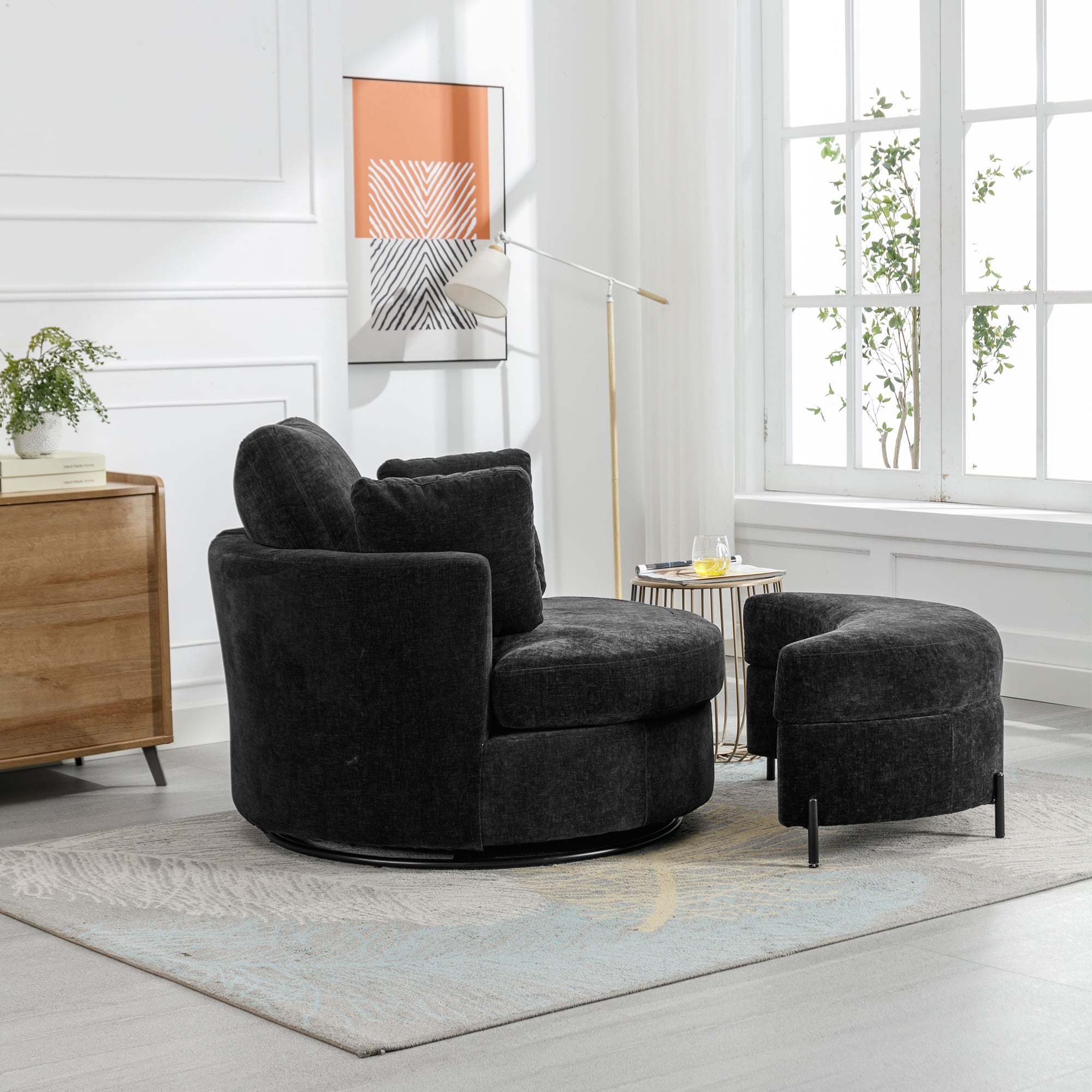 Swivel Accent Barrel Chair and Half Crescent Moon Ottoman Bed Bath