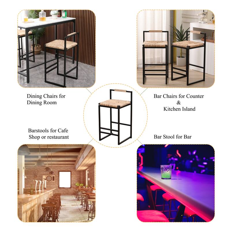 Set of 2 Barstools, Upholstered/Back Paper Rope Woven Bar Stools, Modern Metal Frame Dining Chairs for Counter, Kitchen Island