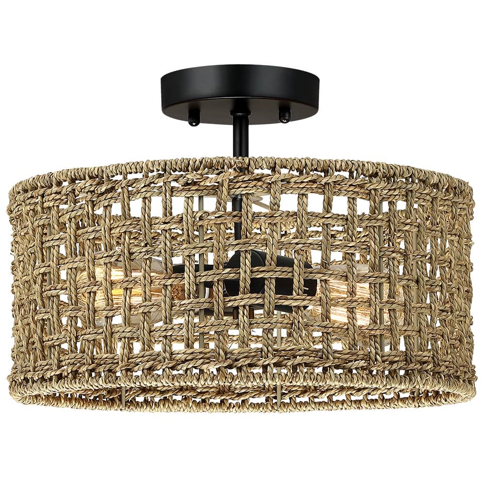Randy 2-Light Rattan Drum Semi-Flush Mount Ceiling Light - 14"W