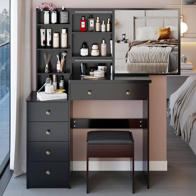 37"L Middle Size Vanity Table with Stool and Sliding Mirror