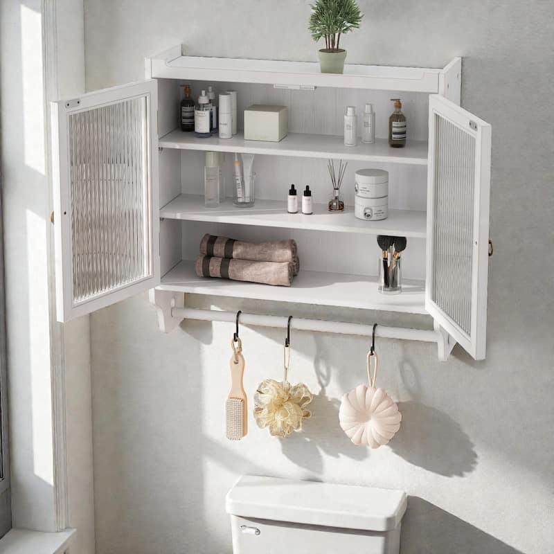 24.8" Vintage Wall Cabinet with Glass Double Doors, 3-Tier Storage and Towel Rack, Solid Wood Bathroom Kitchen Cabinet
