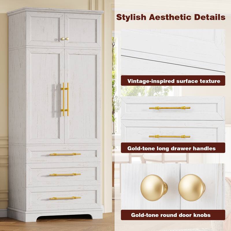 Freestanding Pantry Cabinet, Tall Storage Cupboard with 8 Door Shelves, 3 Adjustable Shelves, 3 Large Drawers, Kitchen Hutch