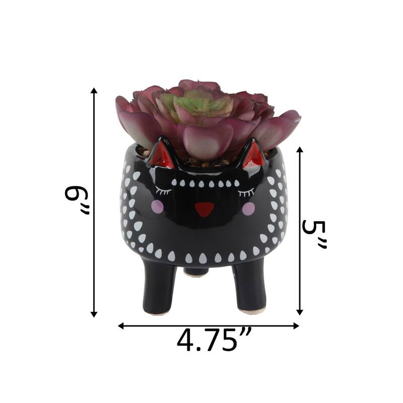 Faux Succulent in 4.75" Small Black Cat Ceramic Planter