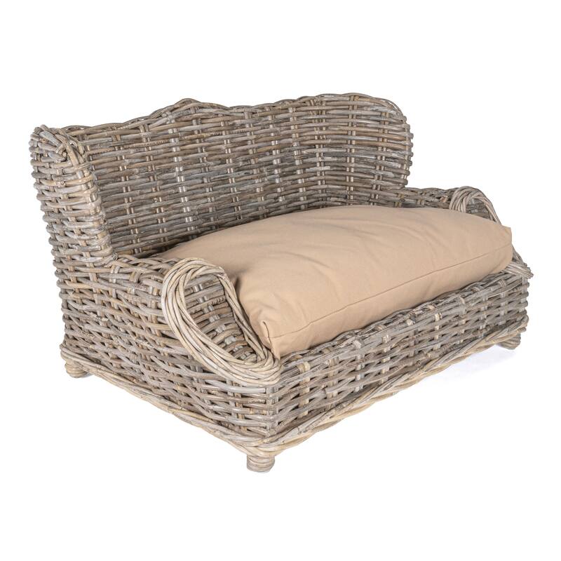Classic 27.5" x 18" Mediterranean Handwoven Rattan Dog Daybed with Machine-Washable Cushion, Kubu Gray