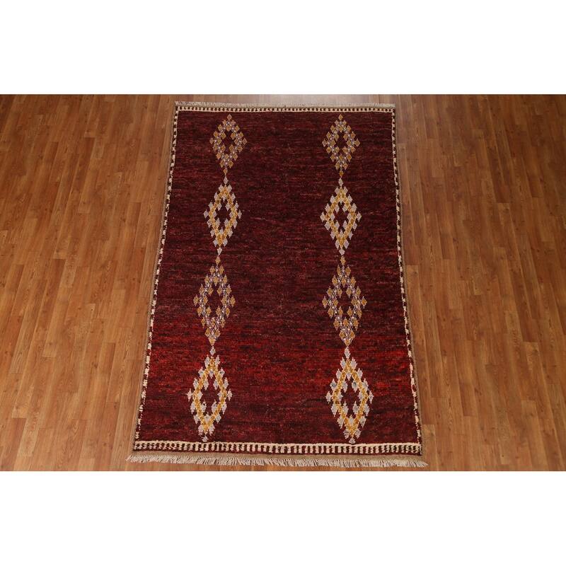 Hand Knotted Oriental 100% Wool Carpet Modern Tribal Red Moroccan Area Rug - 8' 3'' X 5' 3''