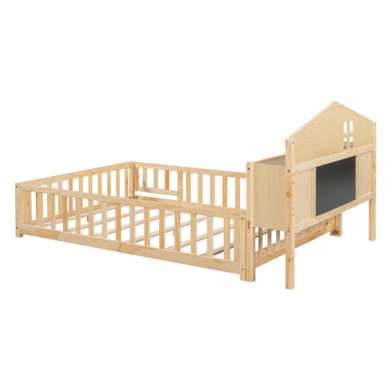 Full-Size Montessori Floor Bed with Bookcases, Blackboards, and Storage Headboards for Kids and Teens