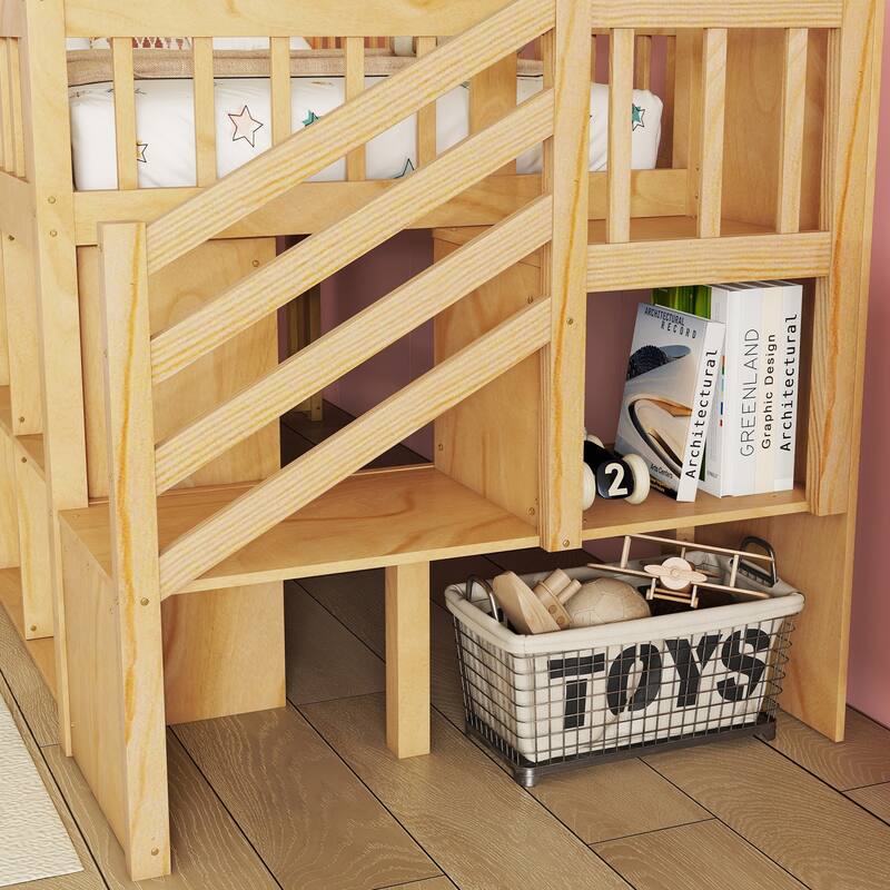 Twin Size Low Loft Bed with LED, Stairs, Storage Drawers, and Shelves, Natural
