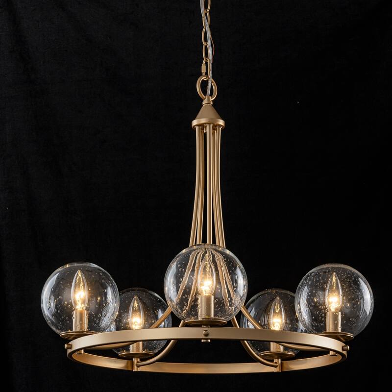 24.4" W 5-Light Mid-Century Modern Gold Wagon Wheel Ring Chandelier with Seeded Glass Globe Shades for Living & Dining Room