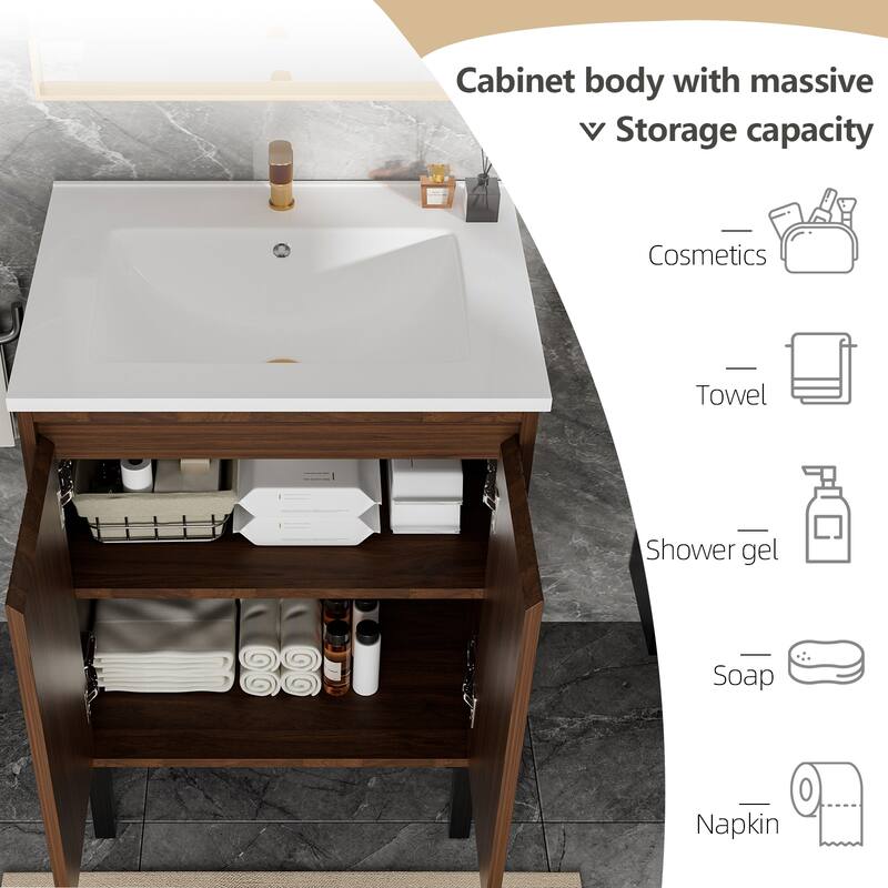 24 Inch Bathroom Vanity with Sink, Floor Standing MDF Cabinet with Soft-Close Drawers and Modern Design