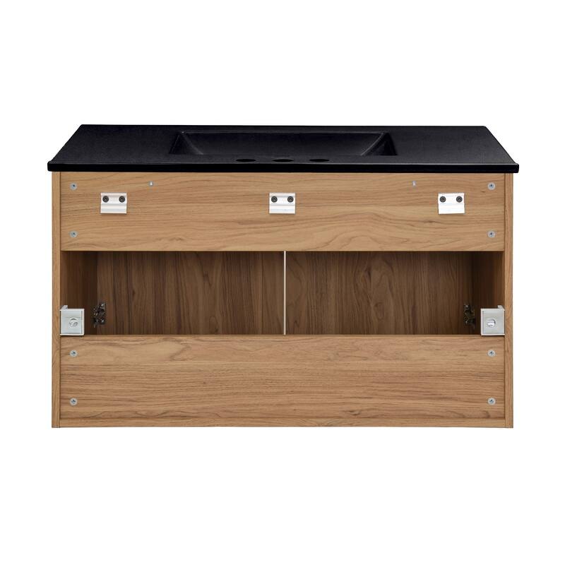 Classe 36 In. Brown Oak Wall Hung Bathroom Vanity With Black, 3-Hole Ceramic Sink Top