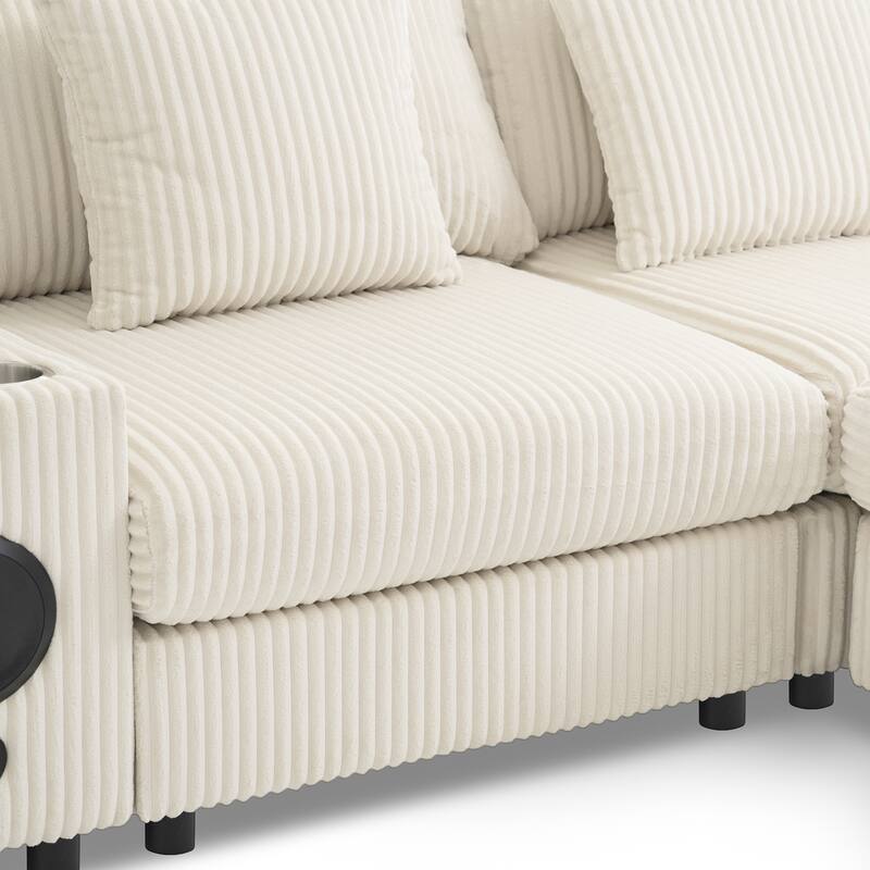 114" Corduroy Smart Sectional Sofa with Bluetooth & Storage