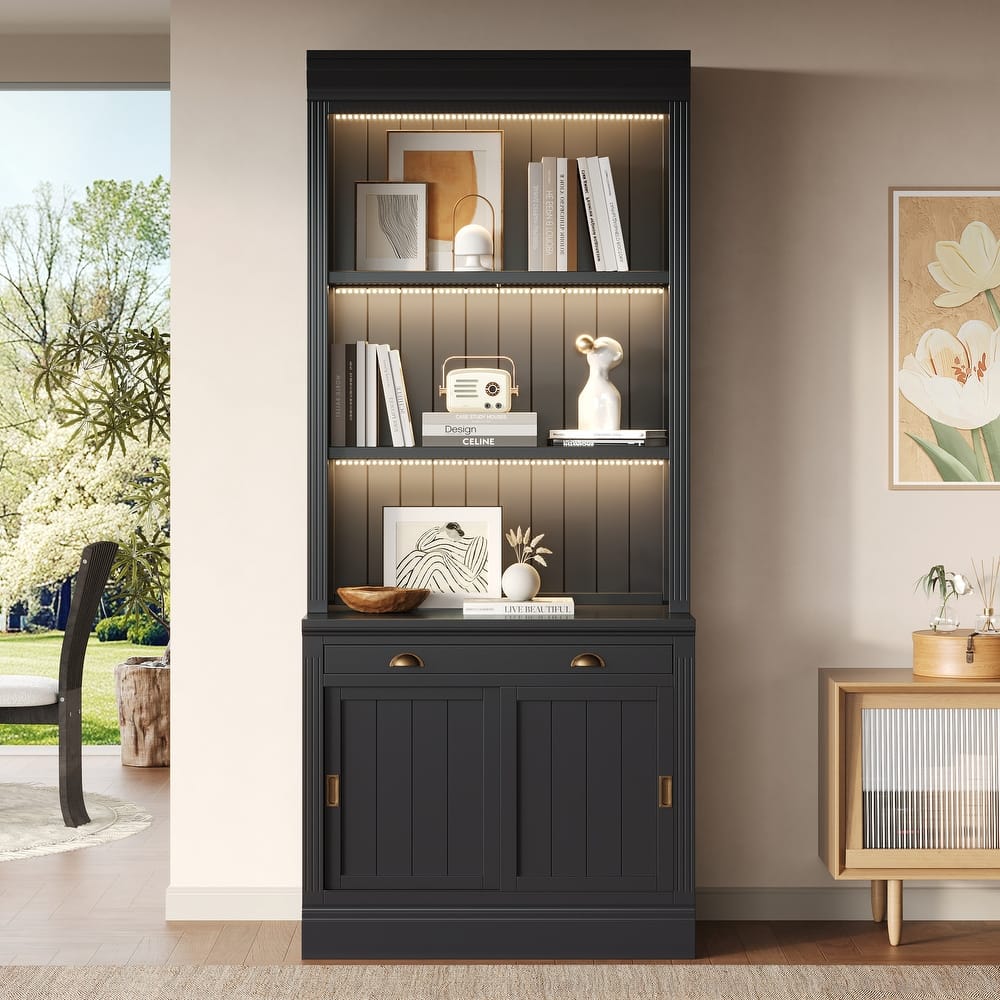 83.4" Modern LED Bookshelf with Sliding Doors & Open Shelves - Space-Saving Storage Bookcase for Living Room and Home Office