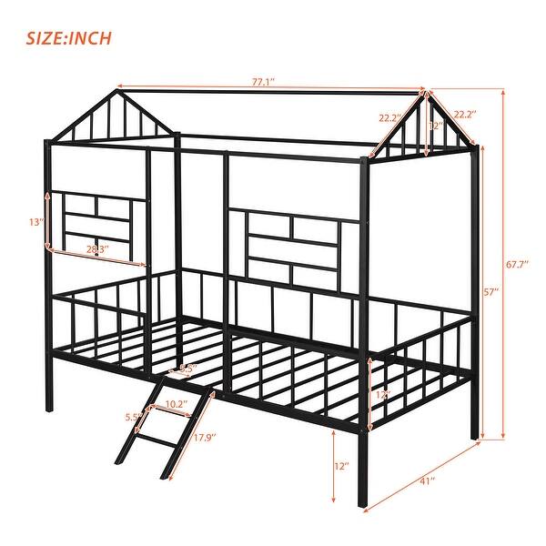 Twin Size House Bed with Semi-enclosed House-shaped Frame, Ladder, Full-length Guardrail - Black Creative Metal House Bed Frame