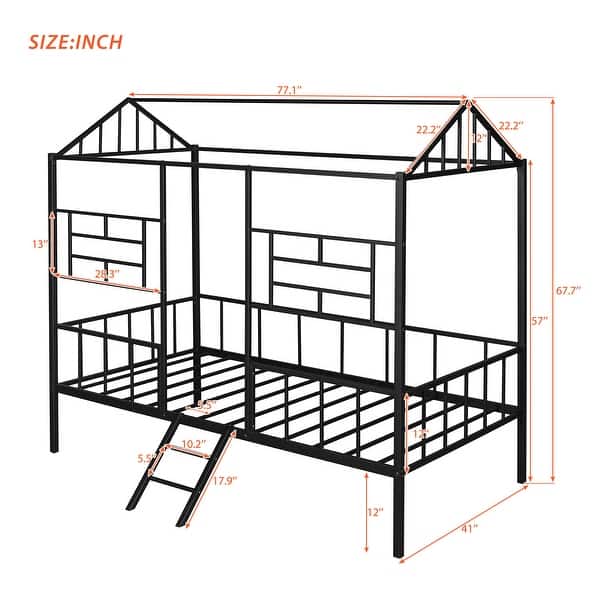 dimension image slide 1 of 2, Twin Size Metal House Bed Frame with Slatted Support, No Box Spring Needed