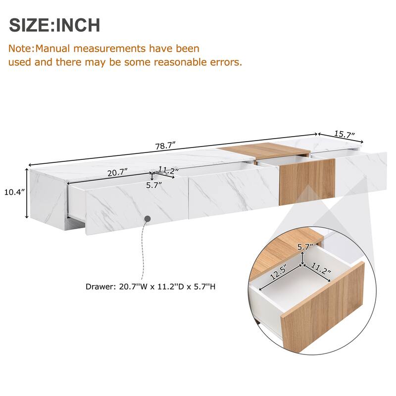 Modern Fashion TV Stand, for TVs Up to 88'' with Faux Marble and Walnut Wood Grain, 4 Storage Drawers, for Living Rooms, White