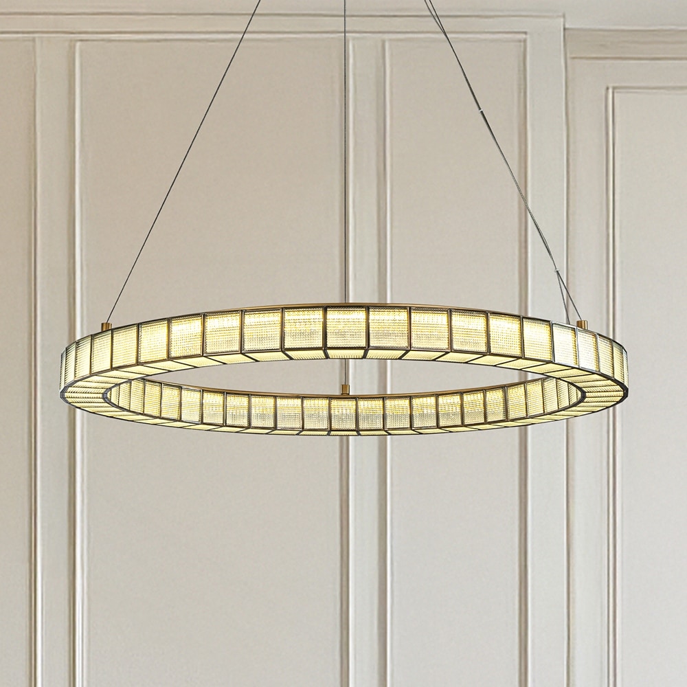 32'' Modern Halo Round Art Glass Integrated Led Chandelier Brass Art Deco Led Ceiling Light For Dining Room Living Room