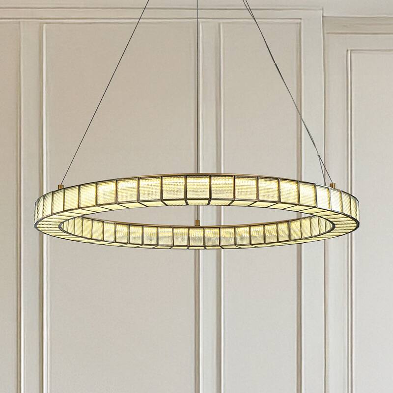 32'' Modern Halo Round Art Glass Integrated Led Chandelier Brass Art Deco Led Ceiling Light For Dining Room Living Room - W32''