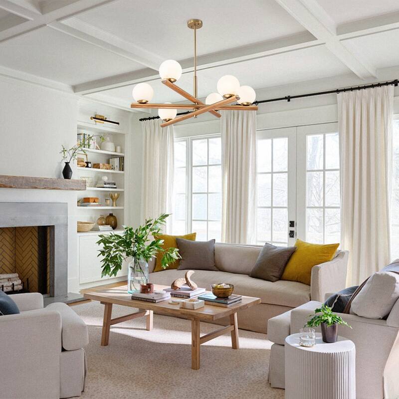 Mid-Century 6-Light Wood-trim Frosted Glass Linear Chandelier - 36.0 in