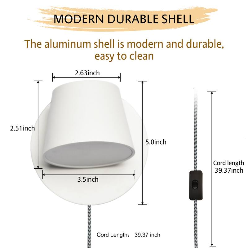 Modern Wall Lamp Plug in Cord Round Rotatable Black /White Wall Sconce LED Lighting Mounted Fixture for Bedroom Living Room