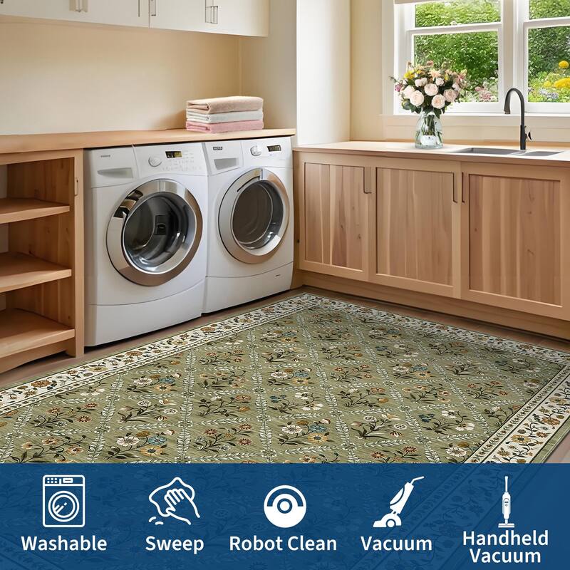 Floral Area Rugs for Living Room Bedroom Soft Farmhouse Washable Rug Non-Slip Low Pile Accent Carpet