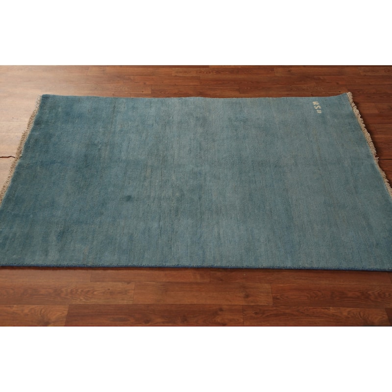 Blue Gabbeh Modern Rug Handmade Solid Wool Carpet - 3'4" x 4'11"