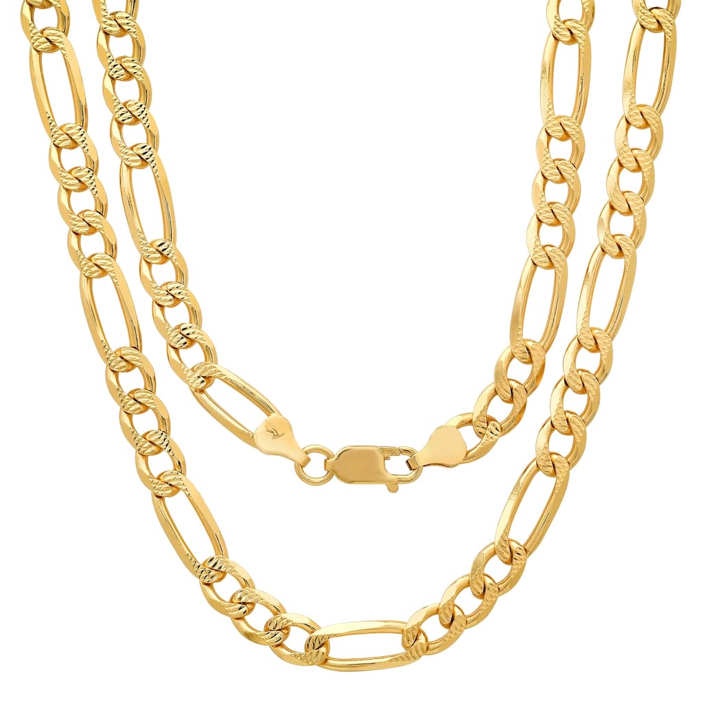 Roberto Martinez Yellow Gold Plated Silver Figaro Pave Chain 7mm (20"-26")