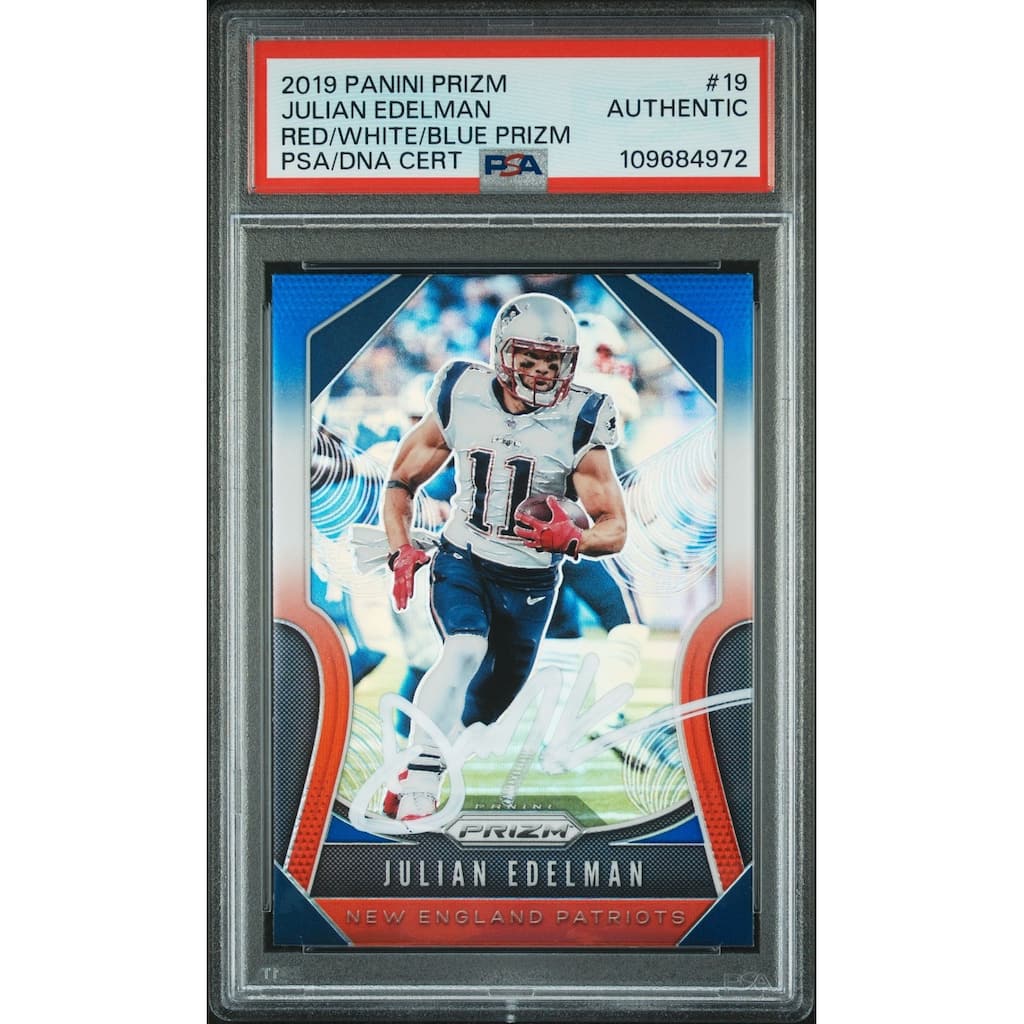 Julian Edelman 2019 Panini Prizm Red White Blue Signed Football Card #19 Auto PSA 109684972 - 8' x 11'