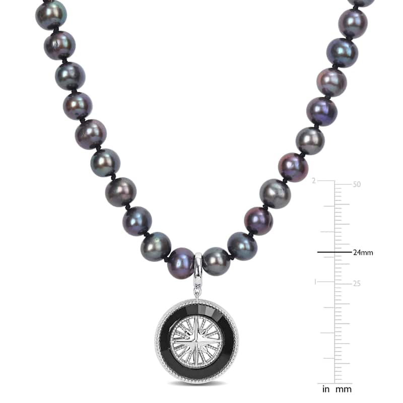 Miadora 7-7.5mm Black Cultured Freshwater Pearl and Black Agate Men's Necklace in Sterling Silver