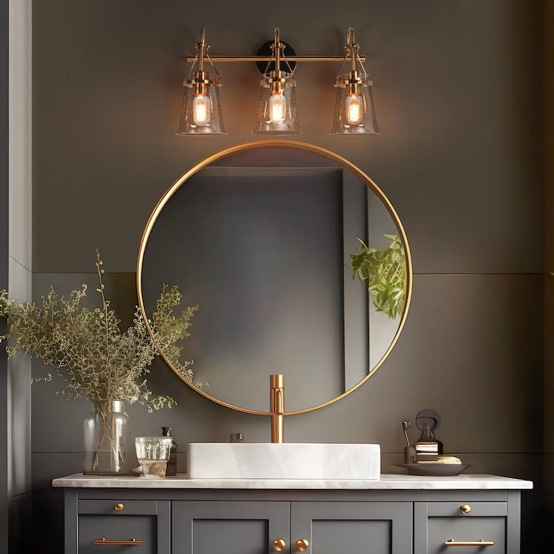 Haye Modern 3-Light Glass Bathroom Vanity Lights Gold Black Wall Sconces - L 22" x W 6.7" x H 13.8"