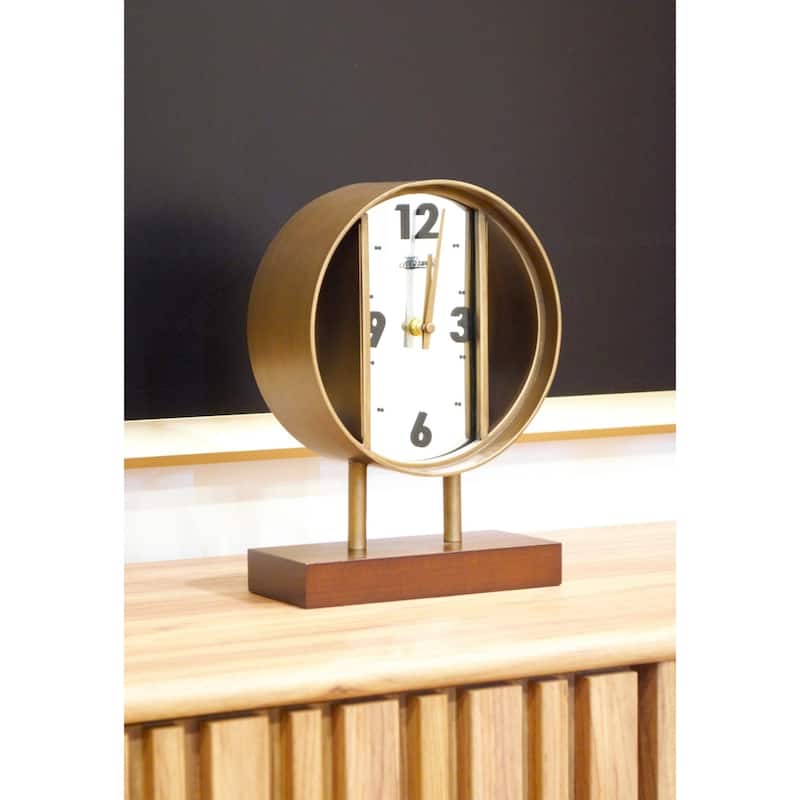 Round Open Design Quartz Clock with Wooden Base - 11" - Brown and Gold