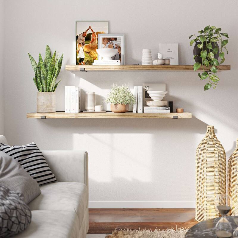 Wallniture Forte 60" or 72" Long, 11.25" Deep Floating Bookshelves, Farmhouse Shelves Living Room, 1.5" Thick, Wood, Burnt, 1 Pc