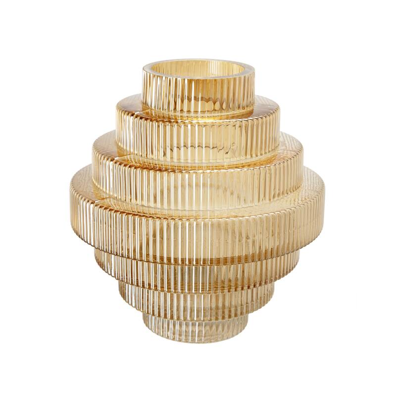 Rae 10 Inch Glass Vase, Geometric Round, Amber Yellow and Clear Finish - Yellow